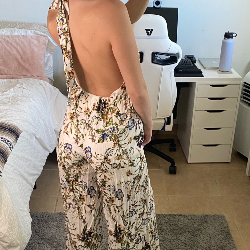 Plunge front floral jumpsuit